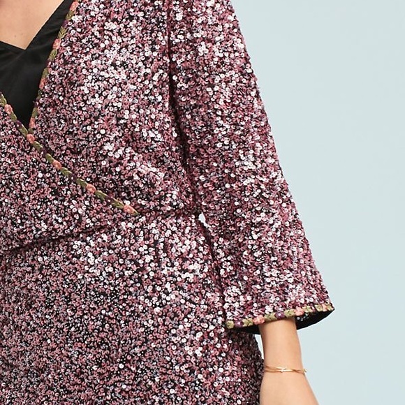 Anthropologie Varun Bahl Purple Pink Sequin Wrap Dress 3/4 Sleeve NWT Size 6 - Picture 3 of 10